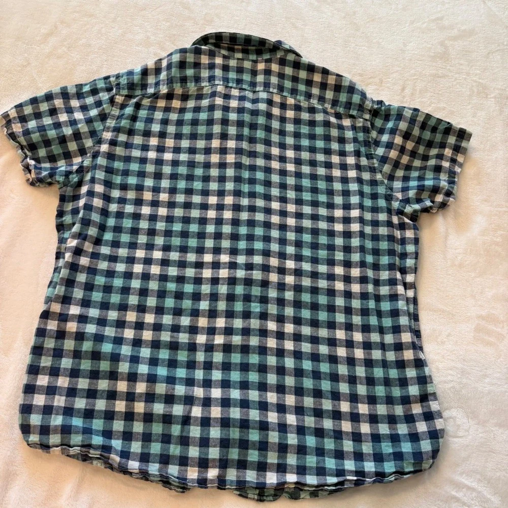 Banana Republic‎ Mens XL Blue Green Plaid Short Sleeve Button Up Shirt Linen